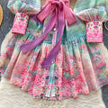 spring new women's dress - european & american style elegant stand collar lantern sleeve cinched waist printed ruffle hem mini dress