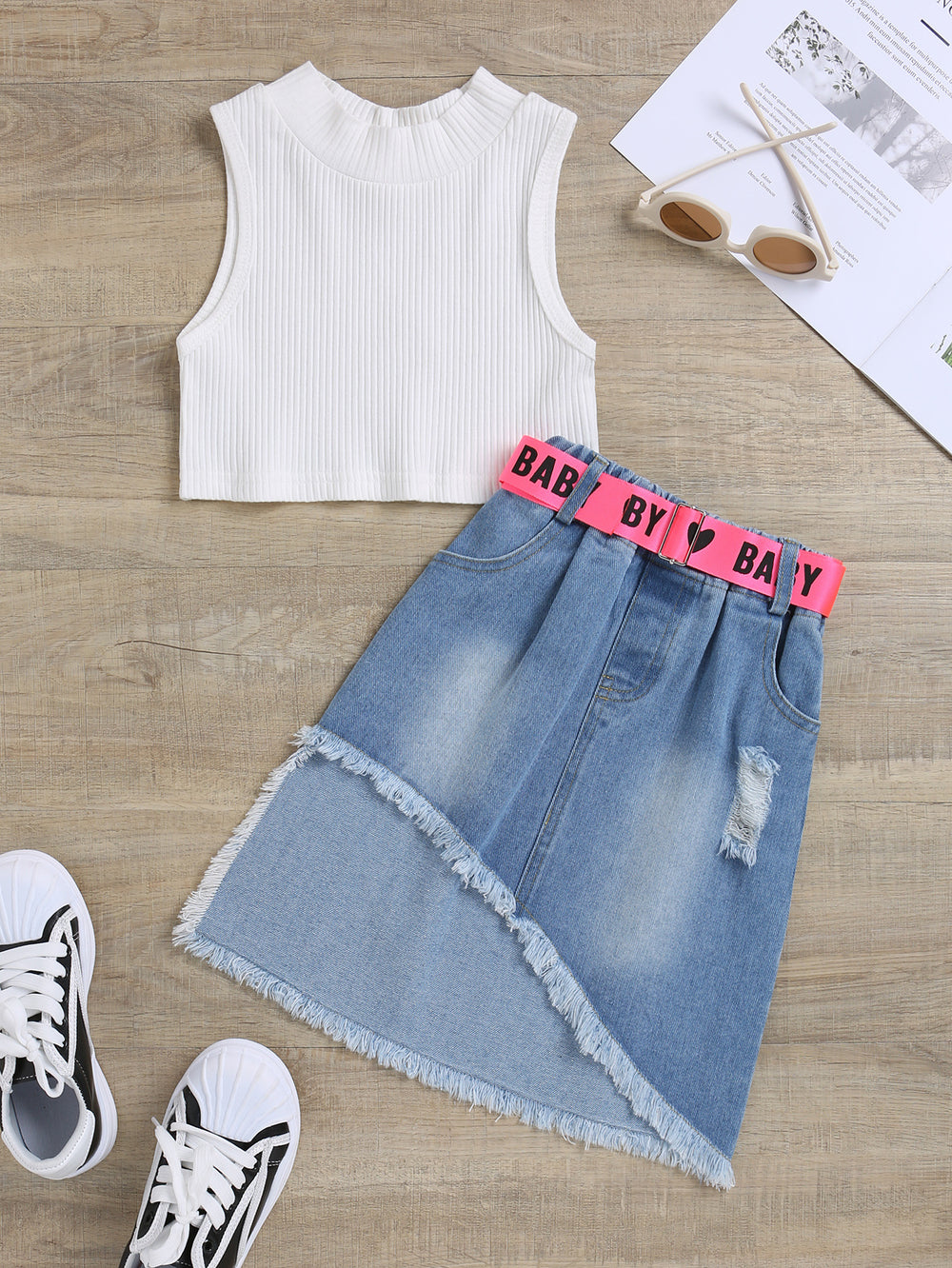 children's clothing new arrivalpure cottonknitting pit vest washed hole denim skirt girl kidssuit cross-border belt