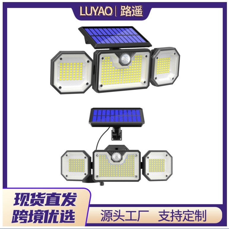 Solar intelligent remote control indoor and outdoor three-head split waterproof LED automatic human body induction floodlight wall light