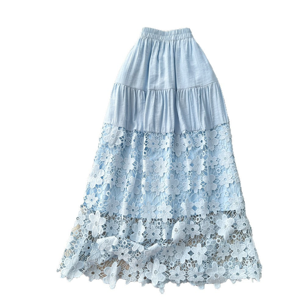 spring new arrivallacepatchwork a-line skirt women's cut outhigh waist cake skirt easiest for match mid-length skirt