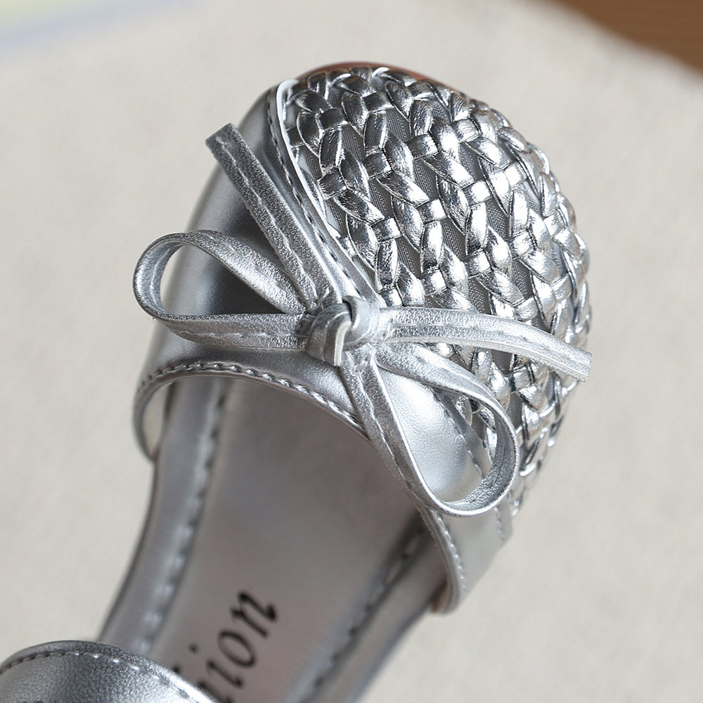 Girls' fashion woven open-toe sandals,  new summer collection, baby bow princess shoes, hollow-out flats