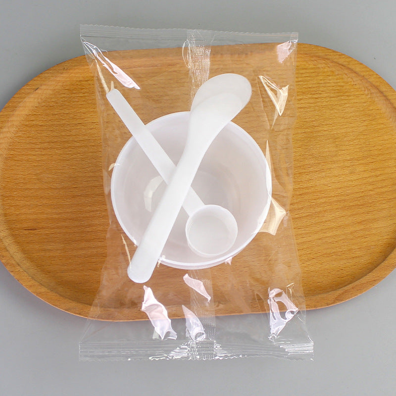 Individually packaged beauty mask bowl set - 3-piece spa tool kit: plastic bowl, mixing spatula, and measuring spoon with graduated markings