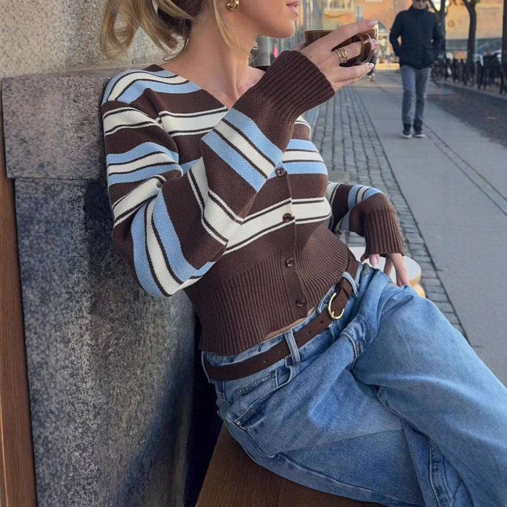 Europe, America,   25 years hot sale Spice Girl V-neck contrasting stripes single-breasted long-sleeved knitted cardigan jacket