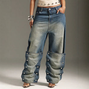 European and american style women's vintage distressed rivet patchwork wide leg jeans - high waist, streetwear, deconstructed, and floor-length denim pants