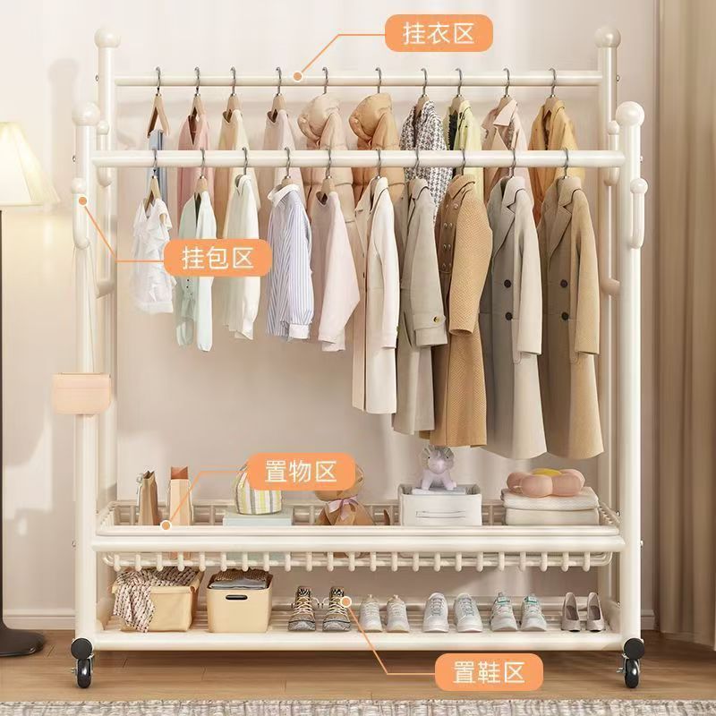 Clothes rack floor-standing bedroom for home double-pole clothes drying rack movable clothes rack indoor clothes storage coat rack