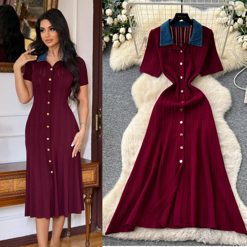 Frenchretrocontrast color lapel short sleeve metal button silmknittingdress women's spring waist slimming lookelegant skirt