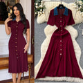 Frenchretrocontrast color lapel short sleeve metal button silmknittingdress women's spring waist slimming lookelegant skirt