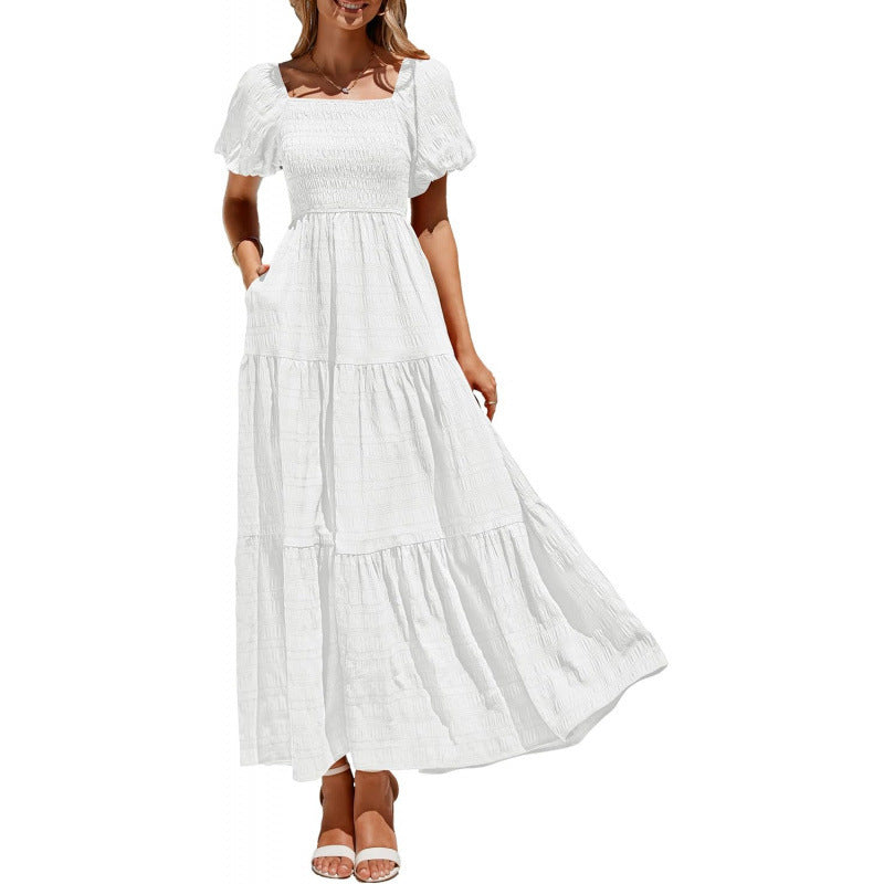 Amazon fashion short-sleeved square neck pleated dresssummernew arrivala-line elegant beach skirt