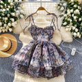 Birthday dress for women, french sweet, palace style, waist slimming look, elegant suspender mesh printing puffy dress