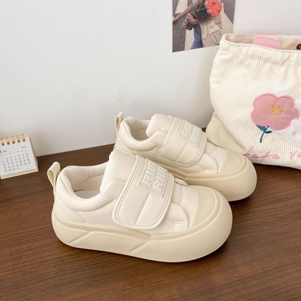 Creamy white chunky sole sneakers - women's adorable & chic autumn new arrivals - unique velcro closure, round toe, bread-shaped shoes, student canvas sneakers