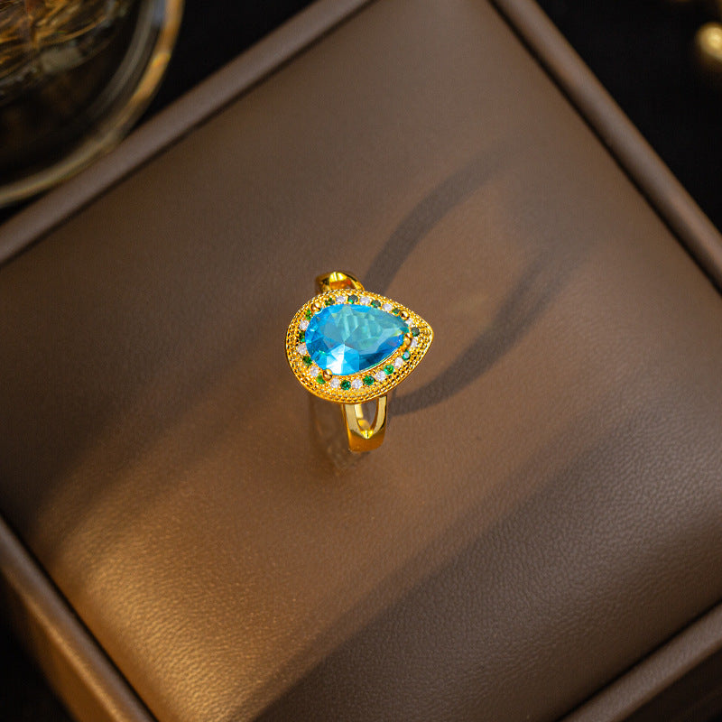 【titanium steel】new blue zircon teardrop luxury necklace and earring set, micro-paved personalized elegant stud earrings and necklace jewelry