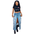 European and american style slit skirt  cross-border women's clothing fashionstylish multi-pocket hole high waist denim skirt