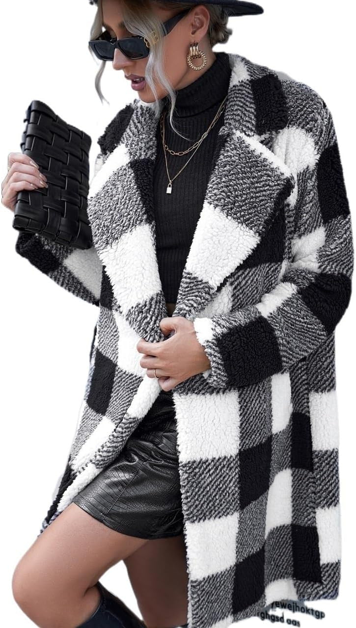 2025 new european and american autumn collection women's lapel long sleeve open front plaid longline loose casual coat