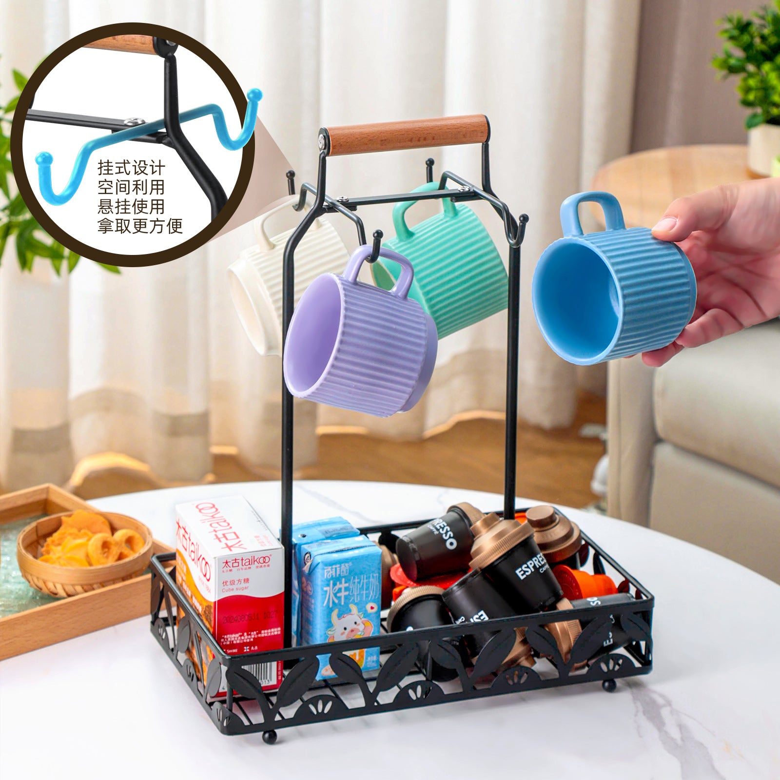 Cross-border coffee cup holder, water cup storage hanger, snack storage rack, wrought iron coffee capsule holder, ear mug holder.
