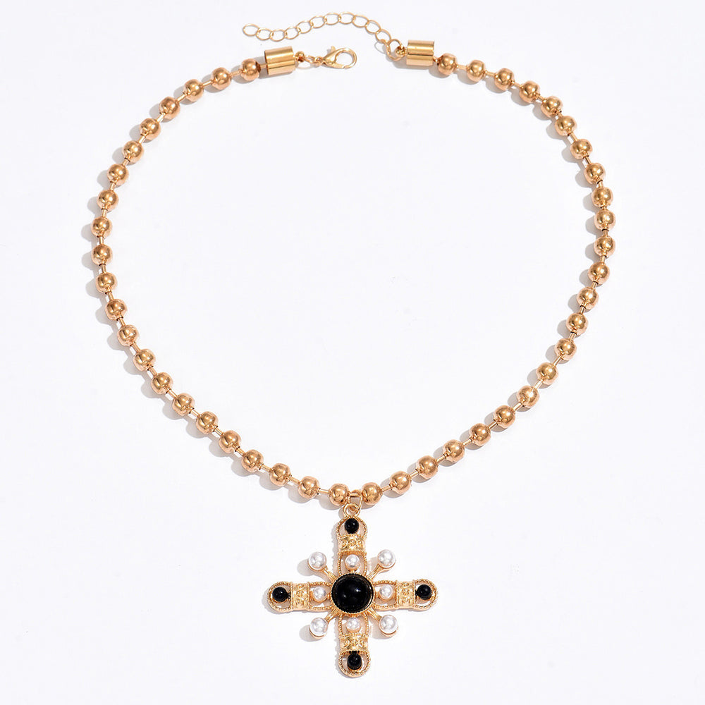 Imitation pearl cross necklace wholesale european and american cross-border pendant niche eight-pointed star retro beaded chain clavicle chain