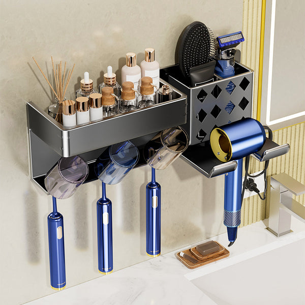 Bathroom No-punching Toothbrush Shelf Wall-mounted Light Luxury Brushing Mouthwash Cup Toothpaste Toothware Hair Dryer Shelf