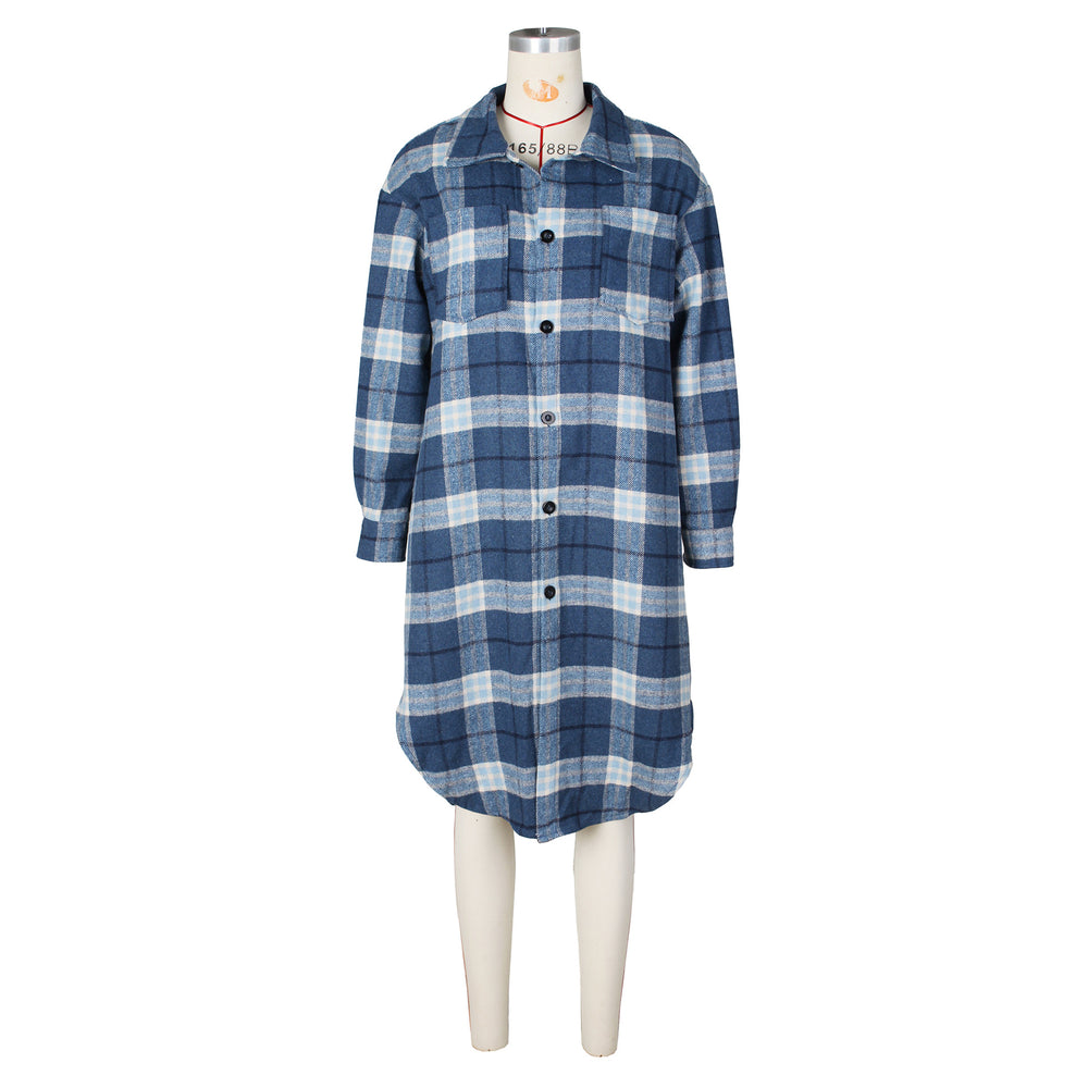 spring new arrivals: european and american style women's fashion - lapel collar pocket wool blend plaid shirt