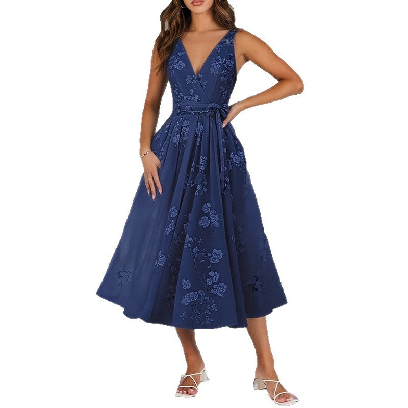 women's summer maxi dress - cross-border european & american style - elegant printed waist-tie dress