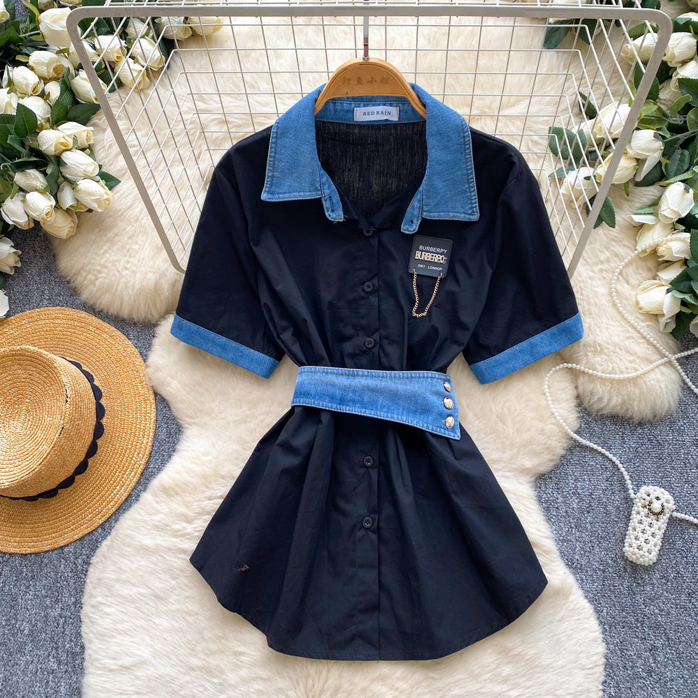 Korean style commute chic: denim patchwork turn-down collar shirt - women's summer short sleeve, cinched waist, tie-up, slimming, designer top