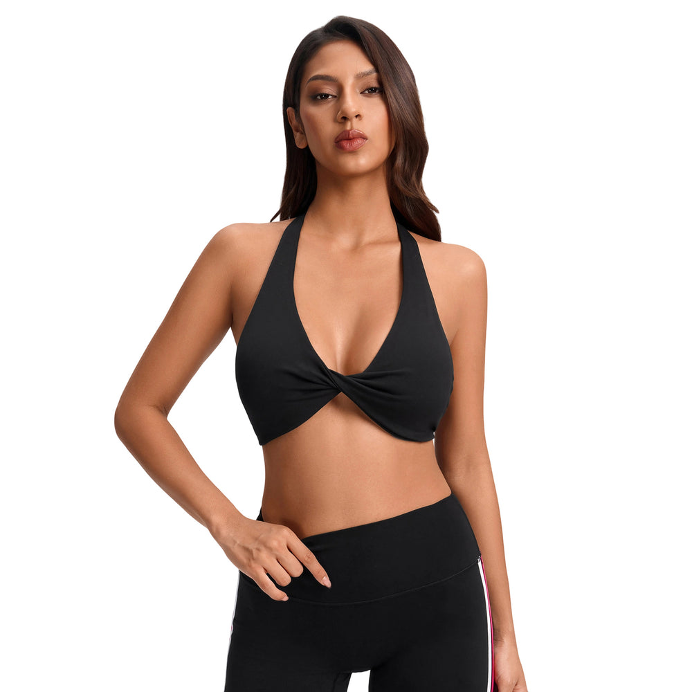 Sexy deep v halter bra with twist detail - breathable, backless, push-up sports bra for pilates and yoga - yg-1005