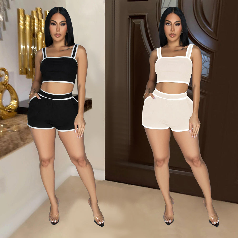 C6966 cross-border   independent station fashion women's solid color camisole and shorts two-piece set