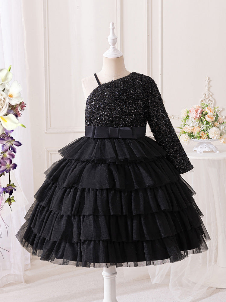 Exportfashion stylegirl dress one shoulder elegantlongsequinpatchworkkids meshaccessible luxuryniche style banquet skirt