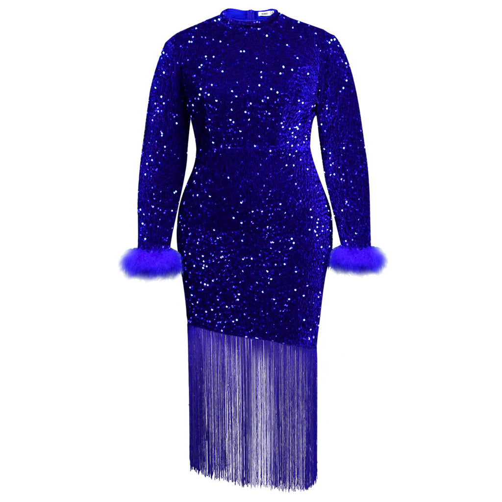 AM030703 Christmas Dress Long Sleeve Skirt, Party Banquet Ball Costume Tassel Sequin Dress Dress