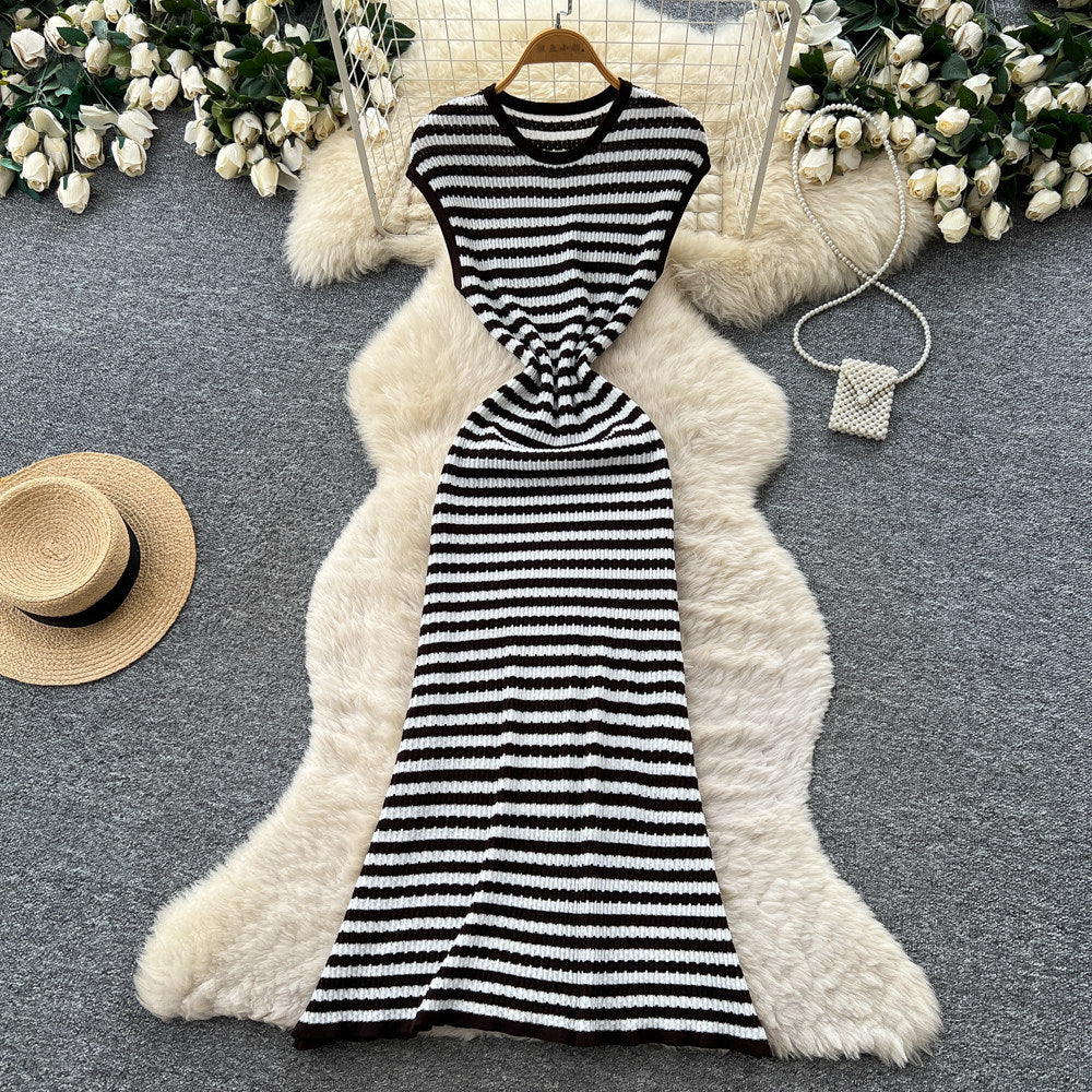 K-stylestripes sleeveless knittingeasiest for matchdress women's summer silm waist slimming lookwork clothingcasual long skirt