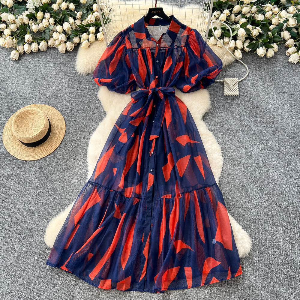 Palace style niche styleclassy puff sleeve shirt dress female french strap waist printing large swing long skirt