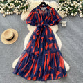 Palace style niche styleclassy puff sleeve shirt dress female french strap waist printing large swing long skirt