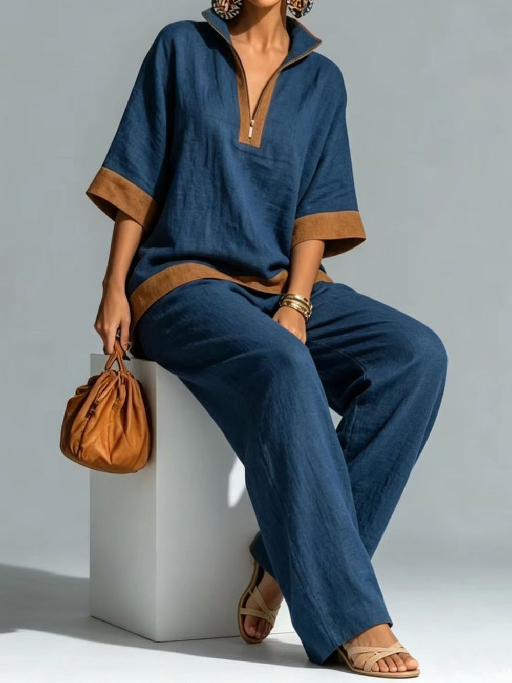 fashionsummernew arrivalcontrast color linen casualsuit half zip stand collar topsloose pants two pieces
