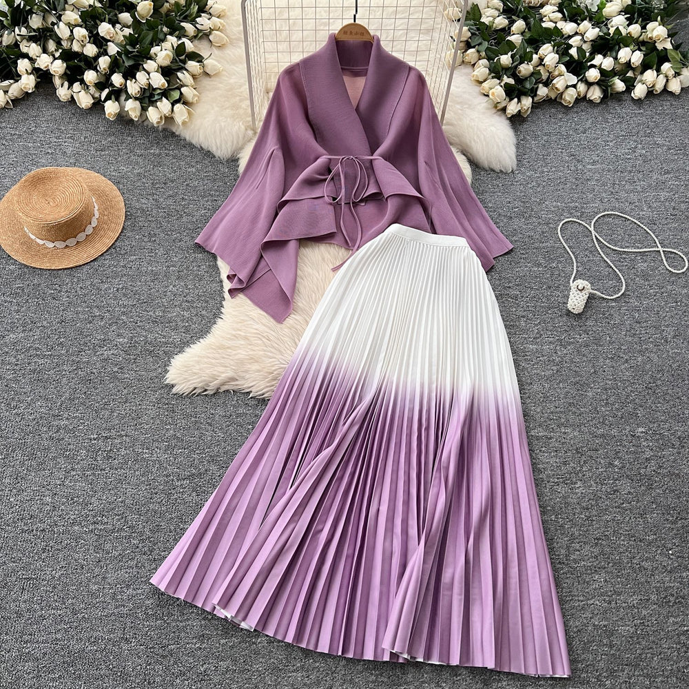 Miya pleated butterfly sleeve gradient tie back shawl short outweartops+gradient pleated skirt two-piece set