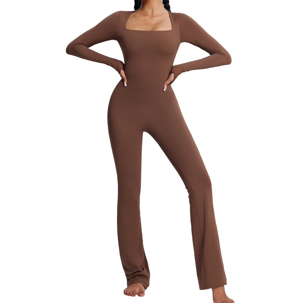 european and american new long-sleeve bodysuit yoga outfit - high-stretch, breathable dance & fitness activewear - women's flare leg bodysuit