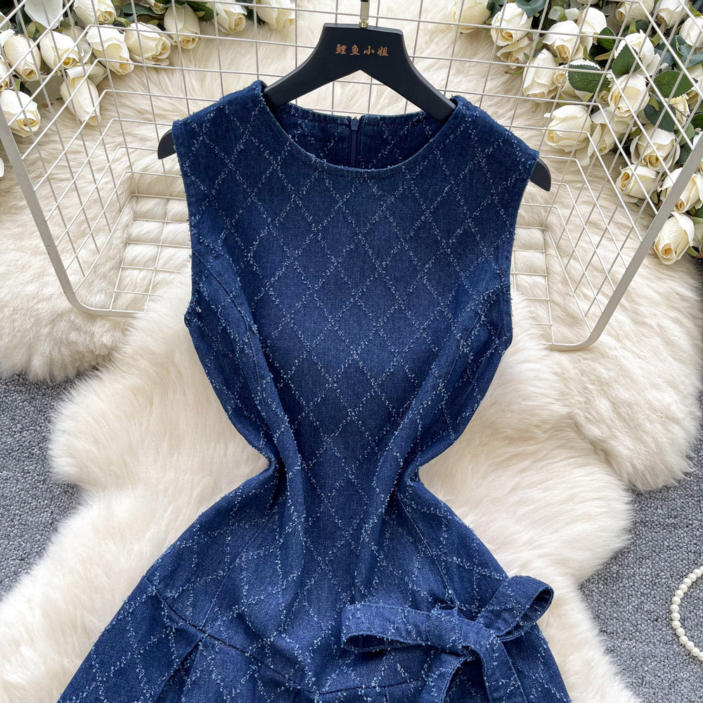 Denim dress women's  summer sense of design niche stylebows straps waist round neck sleeveless vest short skirt