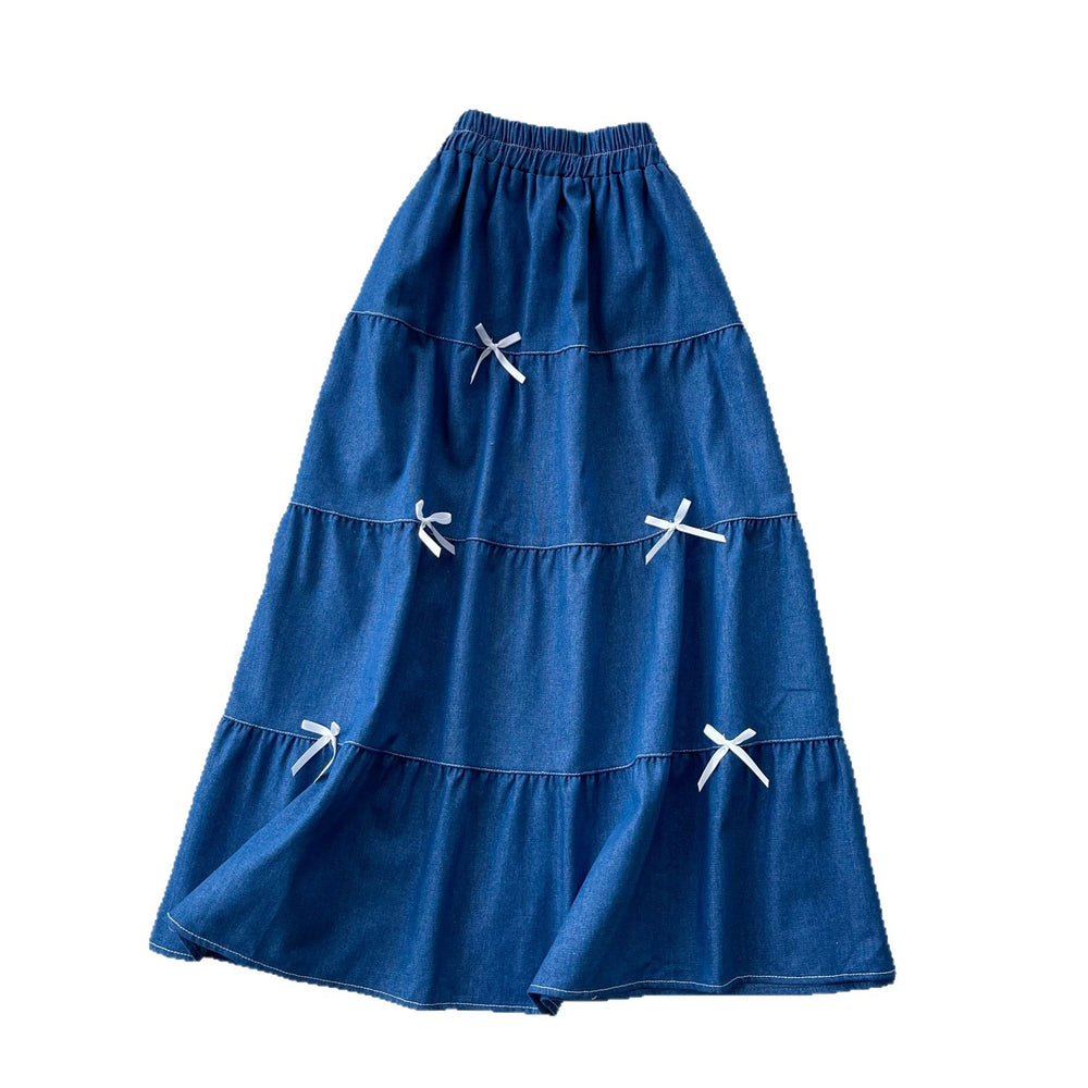 Korean style high-waisted a-line midi skirt with bow detail - sweet & chic summer workwear