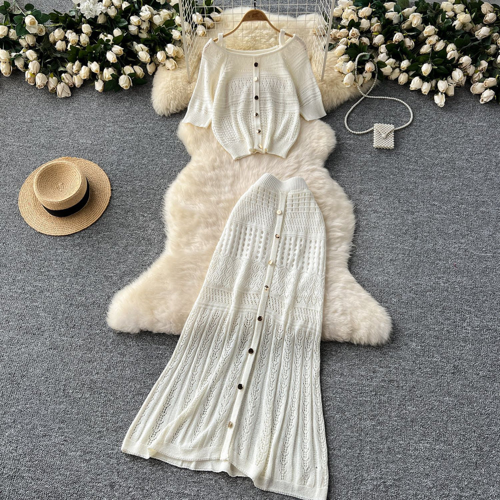 Niche styleretrocut out hook flower off-shoulder suspender knitting shirttopstwo-piece set women's easiest for match medium long skirt