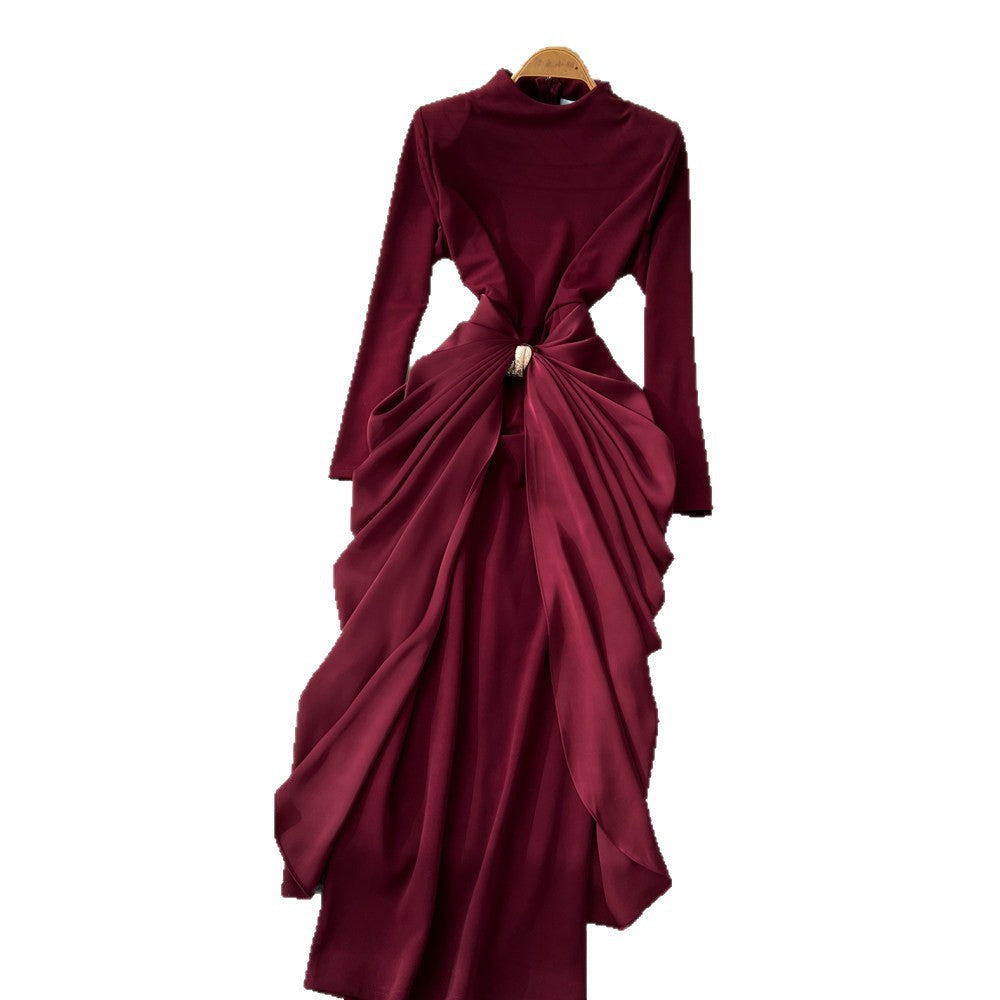 Elegant and chic semi-high neck pleated long sleeve dress - women's red, slim-fit, a-line maxi dress with figure-flattering waist