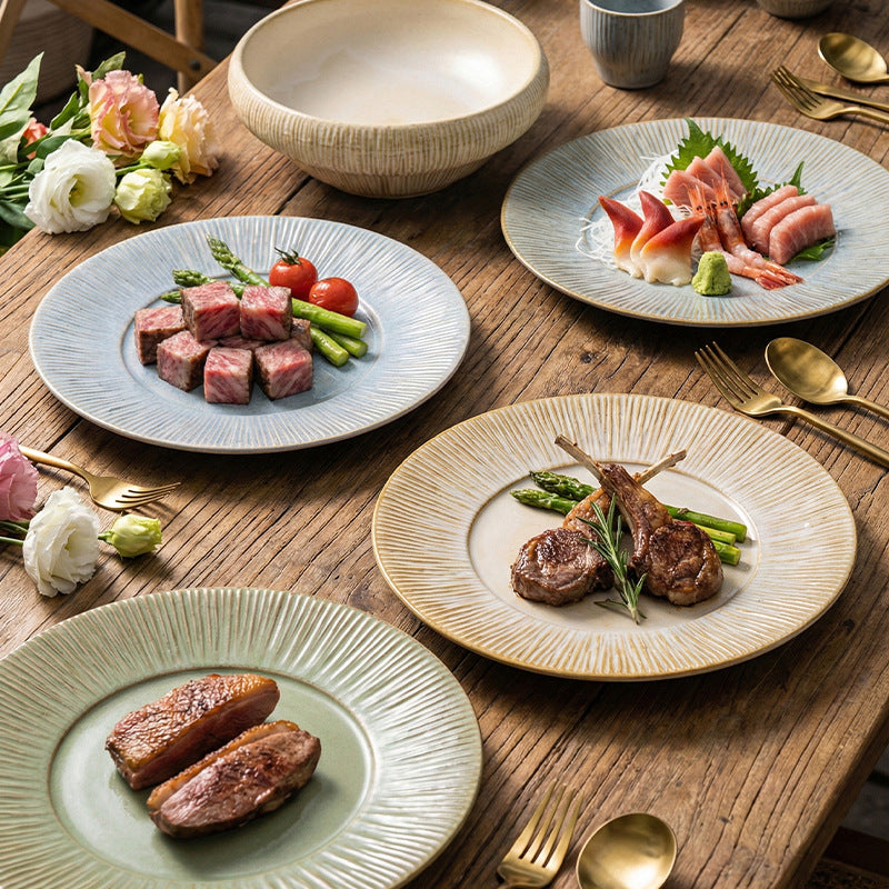 Embossed irregular ceramic steak plate - stylish, high-value, retro striped dinnerware for restaurants and hotels