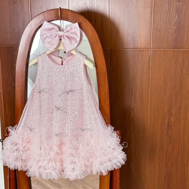 Girls'  summer sequin bow mesh dress, girls' princess dress, pink tutu gown, slip dress