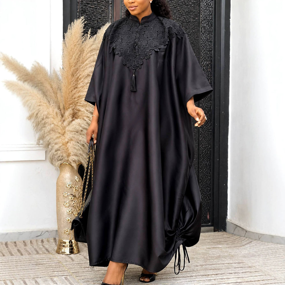 Solid color satin stand collar lace elegant dress - loose fit irregular drawstring chic african bubu robe dress