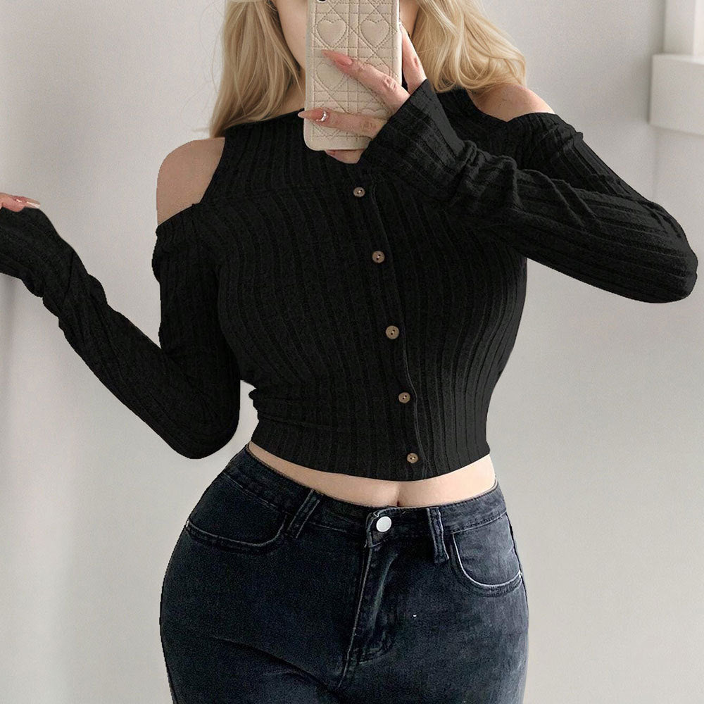 Shein Independent Station Cross-border Women's Clothing Korean Edition Trend T-Shirt Autumn and Winter Off-Shoulder Design Long Sleeve Short Bottom Top