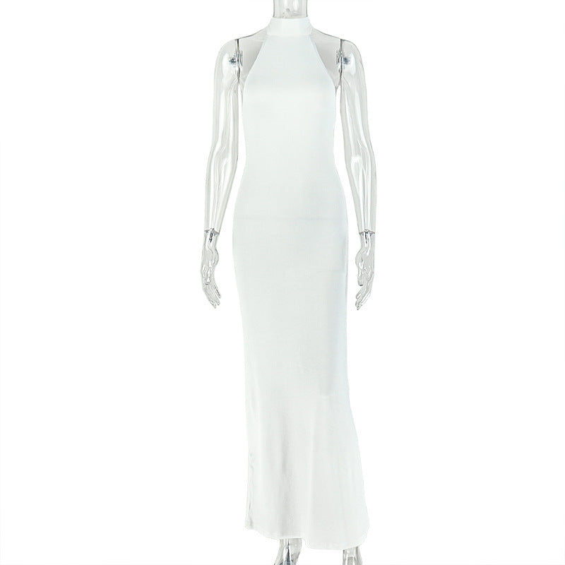 Fashion style cross-border home casual women's pure colorelegantsexy hip skirt backless sleeveless halter long dress