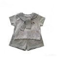 【in stock】girls' summer casual outfit  - kids' flutter sleeve cat print solid color shawl top & striped pants set