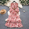 French retro floral v-neck long sleeve dress - women's summer korean style slimming ruffle tiered cake dress - romantic & chic
