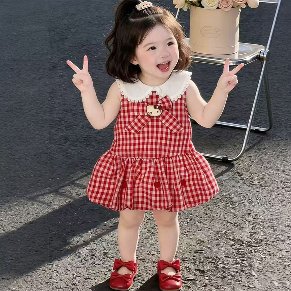 Summer new bowknot tank top princess dress for girls, korean style cartoon cat sweet plaid fresh dress