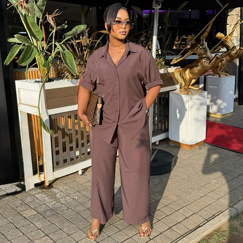 European and american women's clothing  autumn new collection: sweet and fresh turn-down collar long sleeve shirt and high-waisted straight-leg pants two-piece set