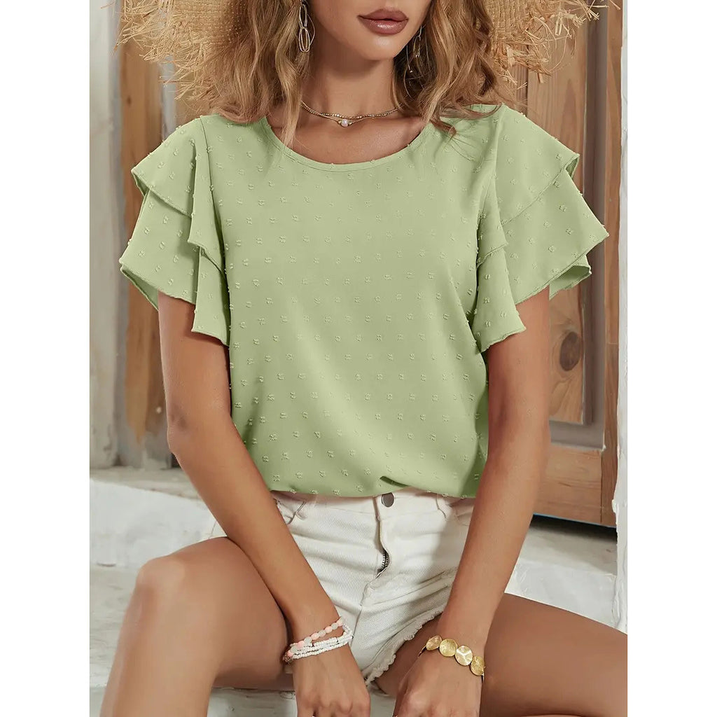 In 2024, the  new  solid-color polka dot hairball round neck shirt will be divided into lotus leaf sleeves and elegant temperament style