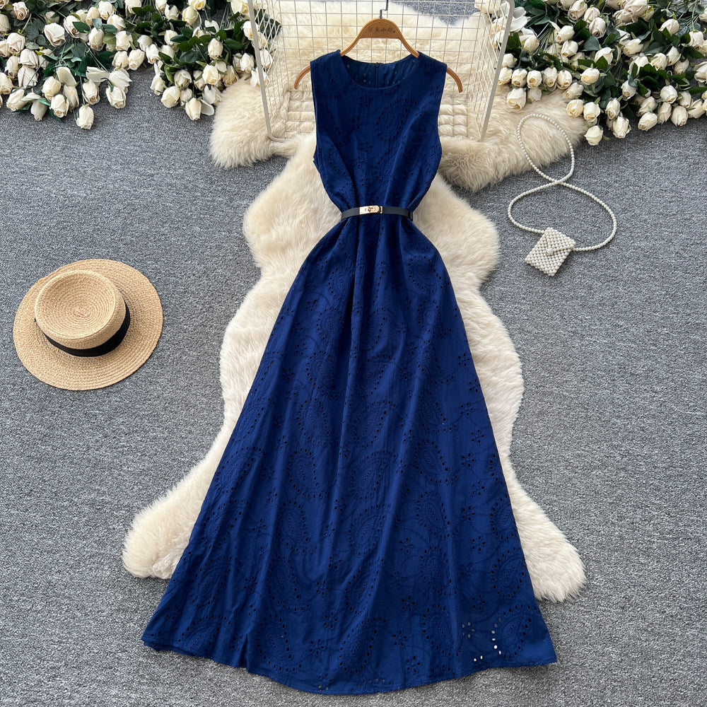 Luxury round neck sleeveless cutout dress - women's summer green a-line maxi dress - high waist, slimming, and figure-flattering - premium quality
