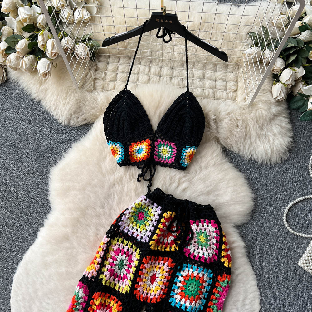 Knitted set women's summer outfit  new heavy crochet camisole top versatile wide-leg pants retro two-piece set