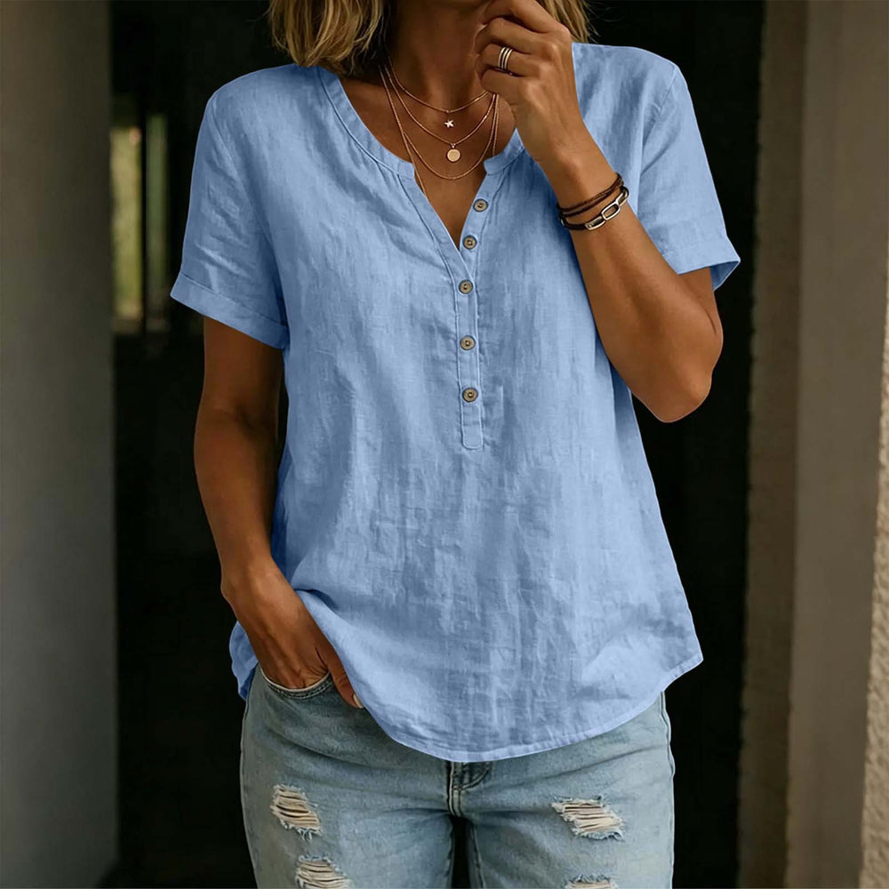 cross-border fashion  women's casual solid color cotton linen short-sleeve half-open v-neck button-down top